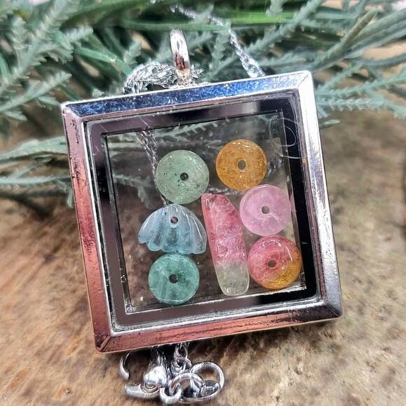 Nature Tourmaline Beads Filled Openable Floating Locket Necklace - Picture 1 of 9